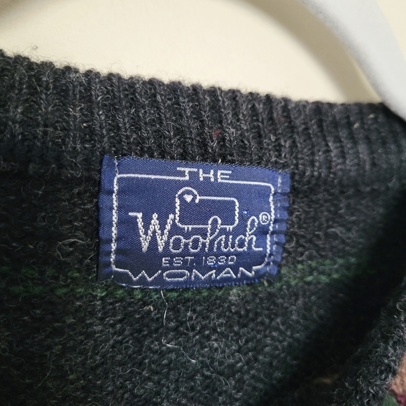 Vintage Woolrich Wool Window Pane Plaid Leaves Grandpa Charcoal Sweater - Picture 4 of 6